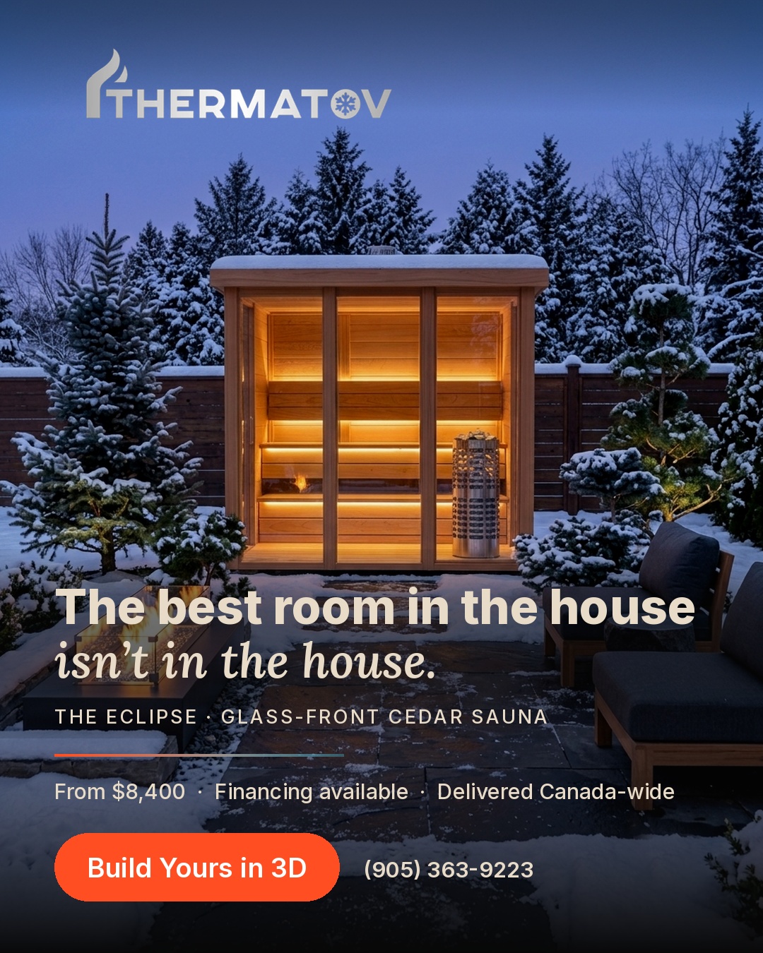 Thermatov Eclipse glass-front sauna product advertisement
